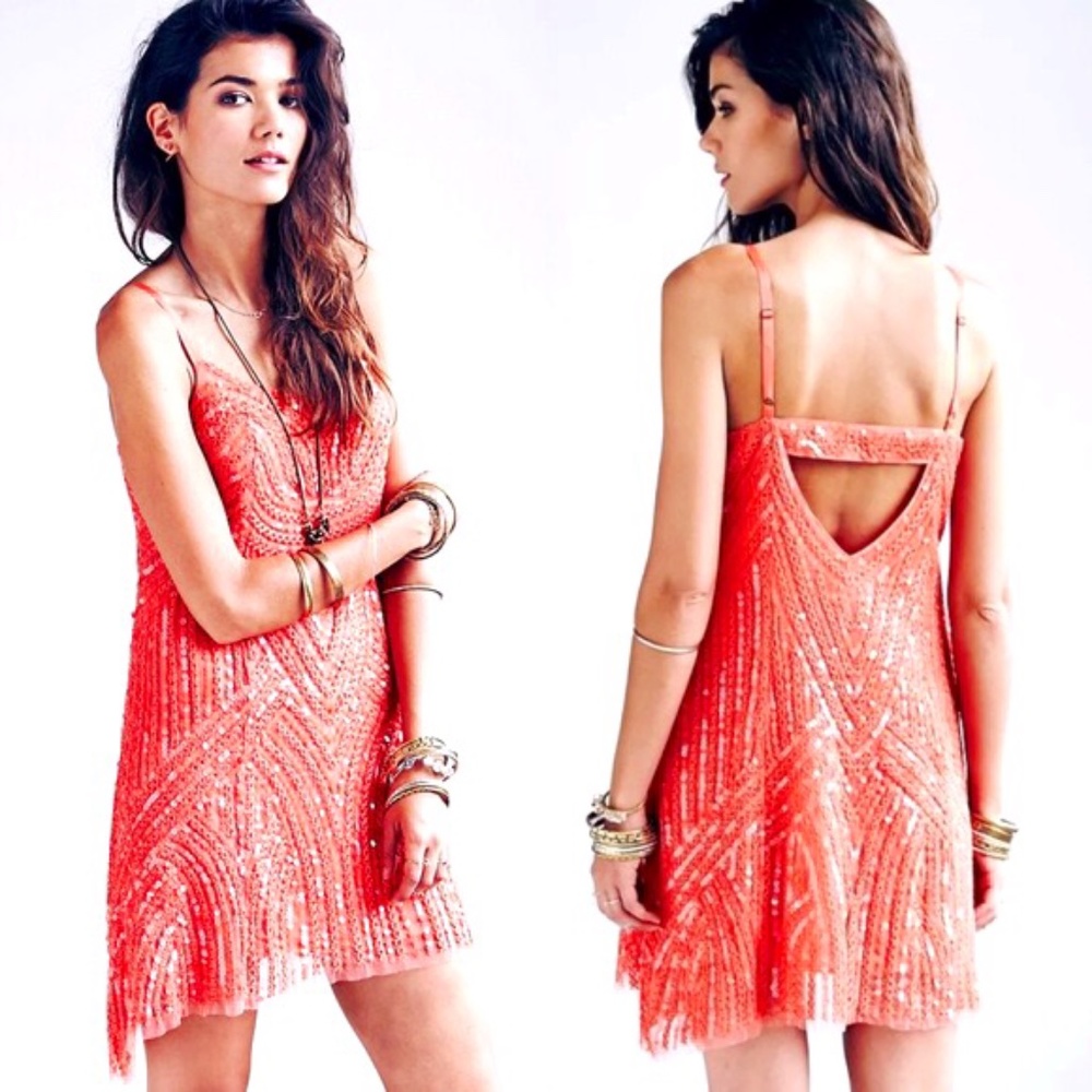 FREE PEOPLE DRESS CORAL SEQUIN